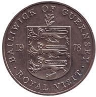 Монета 25 пенсов. 1978 год, Гернси. Королевский визит. Монета 25 пенсов. 1978 год, Гернси. Королевский визит.