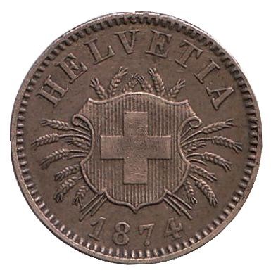 Монета 5 раппенов. 1874 год, Швейцария. Монета 5 раппенов. 1874 год, Швейцария.