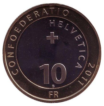 Монета 10 франков. 2011 год, Швейцария. Медведь. Бернский луковый рынок. Монета 10 франков. 2011 год, Швейцария. Медведь. Бернский луковый рынок.