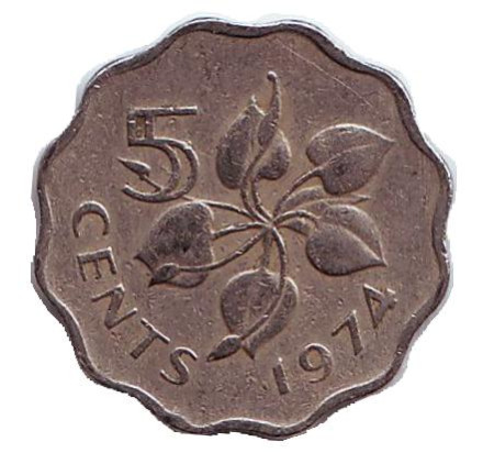 Монета 5 центов. 1974 год, Свазиленд. Орхидея.