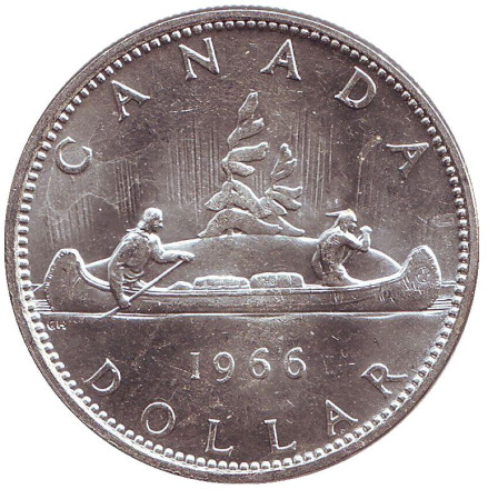 Монета 1 доллар. 1966 год, Канада. Каноэ.