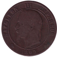 Монета 10 сантимов. 1865 год (A), Франция. Наполеон III. Монета 10 сантимов. 1865 год (A), Франция. Наполеон III.