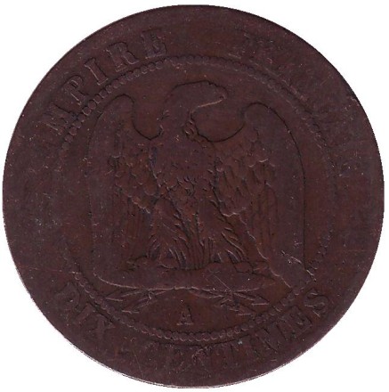 Монета 10 сантимов. 1865 год (A), Франция. Наполеон III. Монета 10 сантимов. 1865 год (A), Франция. Наполеон III.