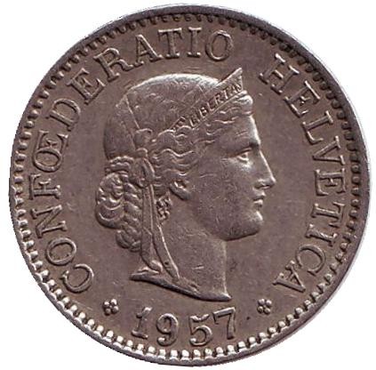 Монета 10 раппенов. 1957 год, Швейцария. Монета 10 раппенов. 1957 год, Швейцария.