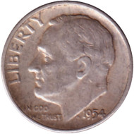 Монета 10 центов. 1954 год, США. (Без отметки монетного двора) Рузвельт. Монета 10 центов. 1954 год, США. (Без отметки монетного двора) Рузвельт.