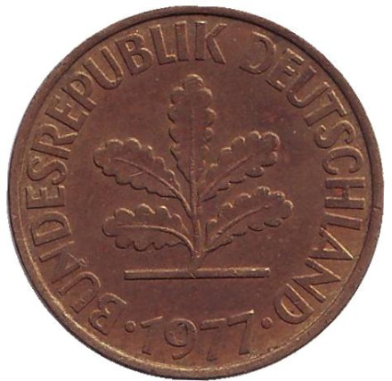 Монета 10 пфеннигов. 1977 год (D), ФРГ. Дубовые листья. Монета 10 пфеннигов. 1977 год (D), ФРГ. Дубовые листья.
