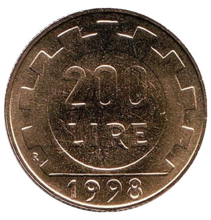 Монета 200 лир. 1998 год, Италия. UNC.