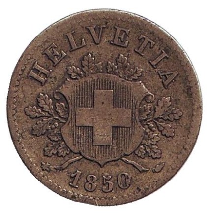 Монета 10 раппенов. 1850 год, Швейцария. Монета 10 раппенов. 1850 год, Швейцария.