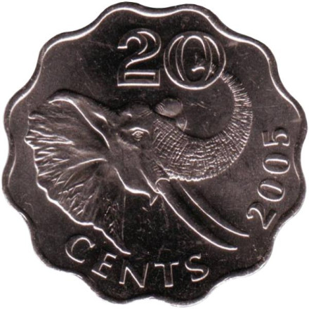 Монета 20 центов, 2005 год, Свазиленд. Слон.