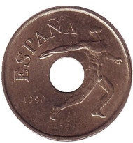 Монета 25 песет. 1990 год, Испания. Дискобол. Летние Олимпийские игры в Барселоне 1992. Монета 25 песет. 1990 год, Испания. Дискобол. Летние Олимпийские игры в Барселоне 1992.