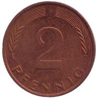 Монета 2 пфеннига. 1975 год (F), ФРГ. Дубовые листья. Монета 2 пфеннига. 1975 год (F), ФРГ. Дубовые листья.