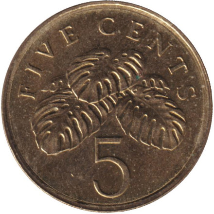 Монета 5 центов. 2004 год, Сингапур. Монстера деликатесная. Монета 5 центов. 2004 год, Сингапур. Монстера деликатесная.