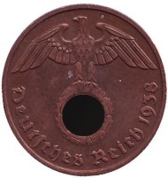 Монета 2 рейхспфеннига. 1938 год, Германия (Третий Рейх). (E). Монета 2 рейхспфеннига. 1938 год, Германия (Третий Рейх). (E).