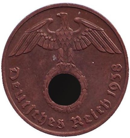 Монета 2 рейхспфеннига. 1938 год, Германия (Третий Рейх). (E). Монета 2 рейхспфеннига. 1938 год, Германия (Третий Рейх). (E).