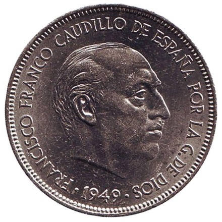 Монета 5 песет. 1949 год, Испания. UNC