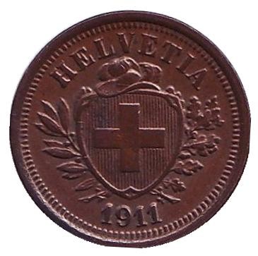 Монета 1 раппен. 1911 год, Швейцария. Монета 1 раппен. 1911 год, Швейцария.
