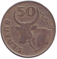 Монета 50 бутутов. 1971 год, Гамбия. Африканский бык. Монета 50 бутутов. 1971 год, Гамбия. Африканский бык.