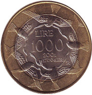 Монета 1000 лир. 2001 год, Сан-Марино. Голуби. Монета 1000 лир. 2001 год, Сан-Марино. Голуби.