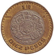 Монета 10 песо. 2012 год, Мексика. Тонатиу. Ацтекский солнечный камень. Орёл.