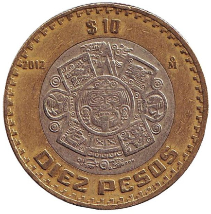Монета 10 песо. 2012 год, Мексика. Тонатиу. Ацтекский солнечный камень. Орёл.