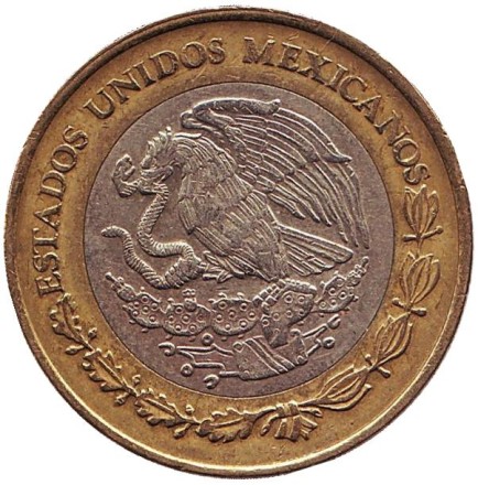 Монета 10 песо. 2012 год, Мексика. Тонатиу. Ацтекский солнечный камень. Орёл.