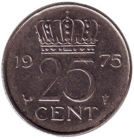 Монета 25 центов. 1975 год, Нидерланды. Монета 25 центов. 1975 год, Нидерланды.