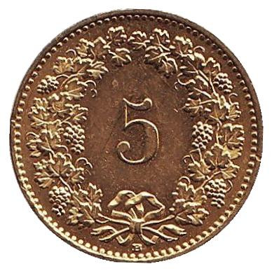 Монета 5 раппенов. 2010 год, Швейцария.