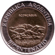 Монета 1 песо. 2010 год, Аргентина. 200 лет Аргентине. Вулкан Аконкагуа. Монета 1 песо. 2010 год, Аргентина. 200 лет Аргентине. Вулкан Аконкагуа.
