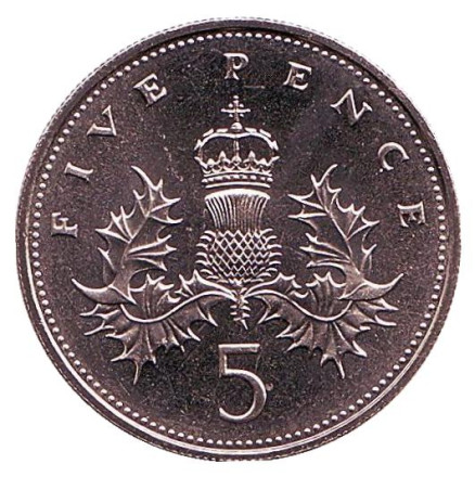 Монета 5 пенсов. 1987 год, Великобритания. BU.