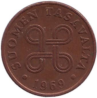 Монета 1 пенни. 1969 год, Финляндия.