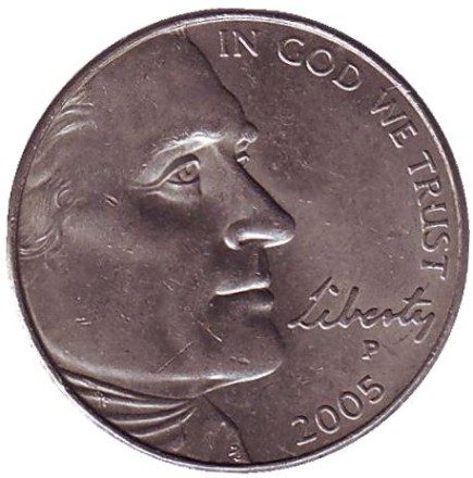 Монета 5 центов. 2005 год (P), США. Из обращения. Бизон.