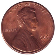 Монета 1 цент. 1986 год (D), США. Линкольн. Монета 1 цент. 1986 год (D), США. Линкольн.