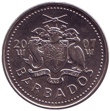 Монета 25 центов. 2007 год, Барбадос. Сахарная мельница Моргана Льюиса. Монета 25 центов. 2007 год, Барбадос. Сахарная мельница Моргана Льюиса.