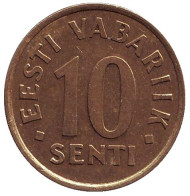Монета 10 сентов. 1997 год, Эстония. Монета 10 сентов. 1997 год, Эстония.