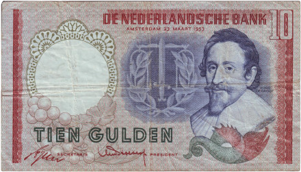 Банкнота 10 гульденов. 1953 год, Нидерланды. Гуго Гроций.