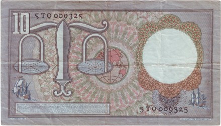 Банкнота 10 гульденов. 1953 год, Нидерланды. Гуго Гроций. Банкнота 10 гульденов. 1953 год, Нидерланды. Гуго Гроций.