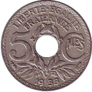 Монета 5 сантимов. 1933 год, Франция. Монета 5 сантимов. 1933 год, Франция.