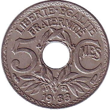 Монета 5 сантимов. 1933 год, Франция.