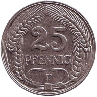 Монета 25 пфеннигов. 1910 год (F), Германская империя. Монета 25 пфеннигов. 1910 год (F), Германская империя.