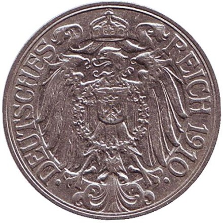Монета 25 пфеннигов. 1910 год (F), Германская империя. Монета 25 пфеннигов. 1910 год (F), Германская империя.