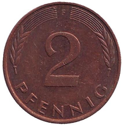 Монета 2 пфеннига. 1993 год (F), ФРГ. Дубовые листья.