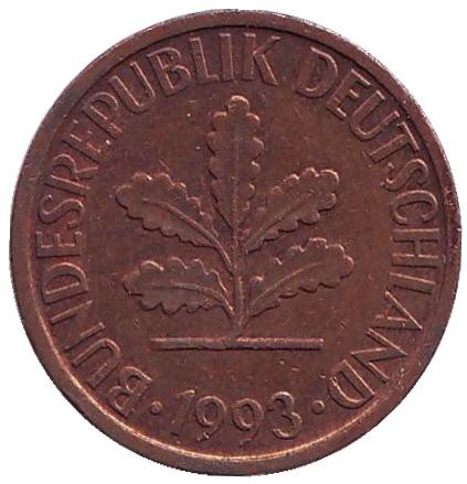 Монета 2 пфеннига. 1993 год (F), ФРГ. Дубовые листья. Монета 2 пфеннига. 1993 год (F), ФРГ. Дубовые листья.