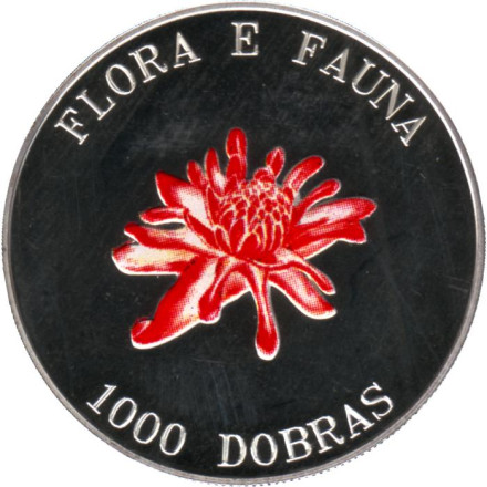 Монета 1000 добр. 1995 год, Сан-Томе и Принсипи. Фарфоровая роза. Флора и Фауна.