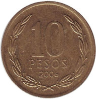 Монета 10 песо. 2006 год, Чили. Бернардо О’Хиггинс. Монета 10 песо. 2006 год, Чили. Бернардо О’Хиггинс.
