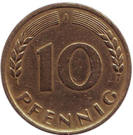 Монета 10 пфеннигов. 1968 год (J), ФРГ. Дубовые листья. Монета 10 пфеннигов. 1968 год (J), ФРГ. Дубовые листья.
