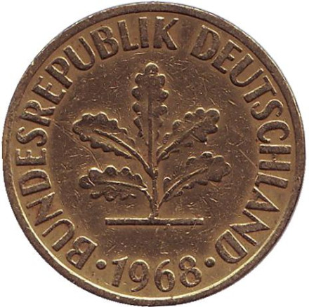 Монета 10 пфеннигов. 1968 год (J), ФРГ. Дубовые листья.