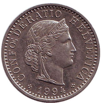 Монета 20 раппенов. 1994 год, Швейцария.