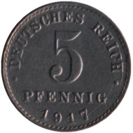 Монета 5 пфеннигов. 1917 (А) год, Германская империя. Монета 5 пфеннигов. 1917 (А) год, Германская империя.
