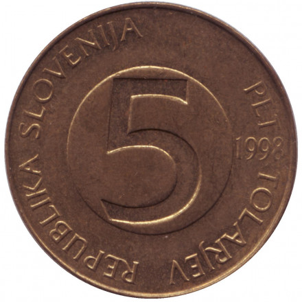 Монета 5 толаров. 1998 год, Словения. Альпийский козёл (Ибекс). Монета 5 толаров. 1998 год, Словения. Альпийский козёл (Ибекс).