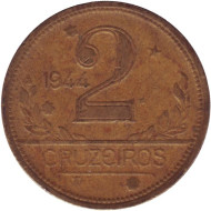 Монета 2 крузейро. 1944 год, Бразилия. Карта Бразилии. Отметка монетного двора "WT" на аверсе и реверсе. Монета 2 крузейро. 1944 год, Бразилия. Карта Бразилии. Отметка монетного двора "WT" на аверсе и реверсе.